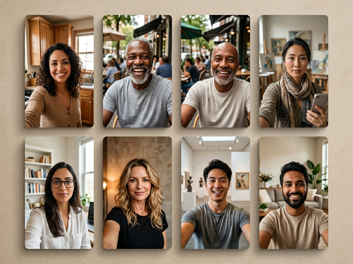 Una planxa de contacte 4:3 d'actors IA diversos en edats, etnies, robes i escenaris