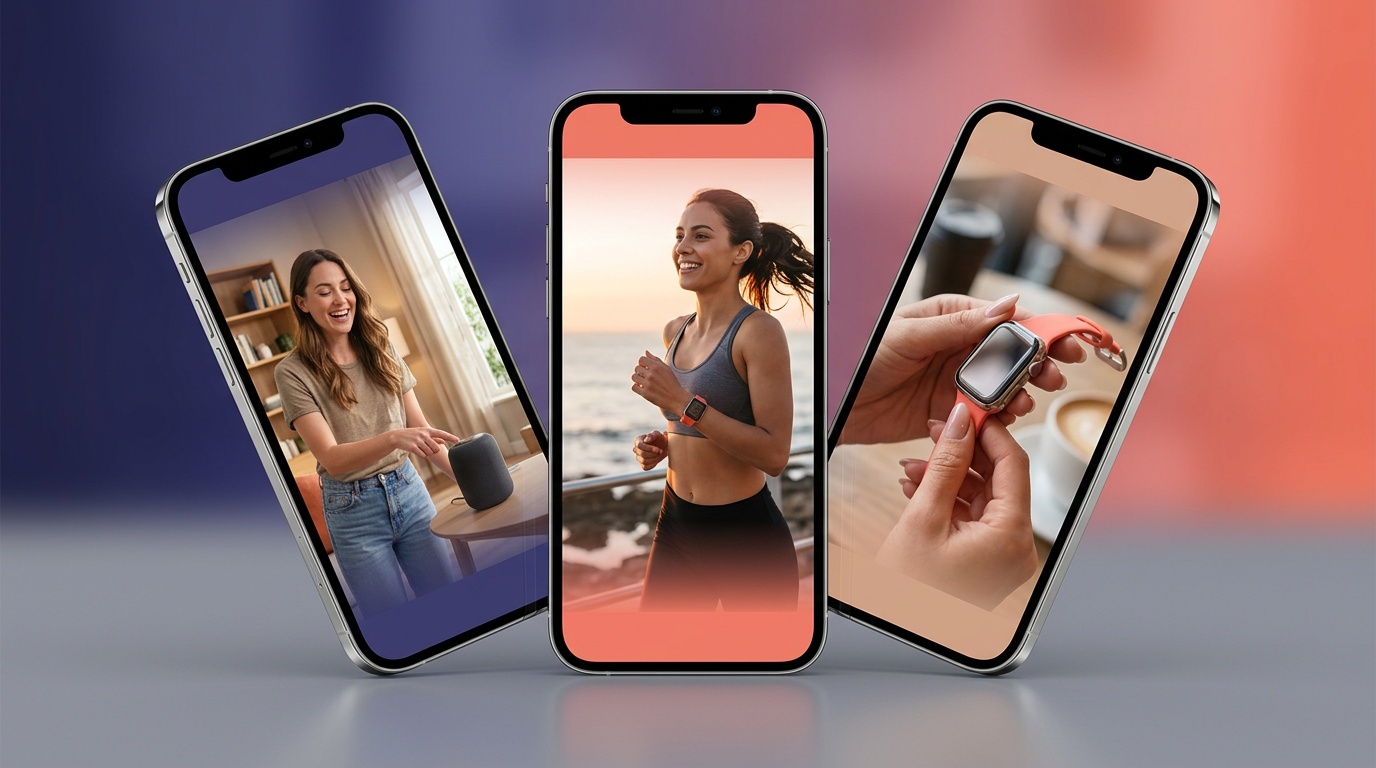 Tres smartphones desplegats en abans, cadascun mostrant una variant d’anunci diferent generada del mateix resum