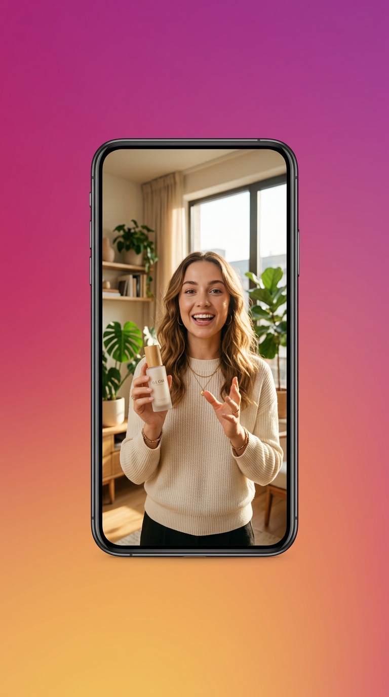 Smartphone en orientació vertical mostrant una creació d’anunci UGC generada amb IA vertical