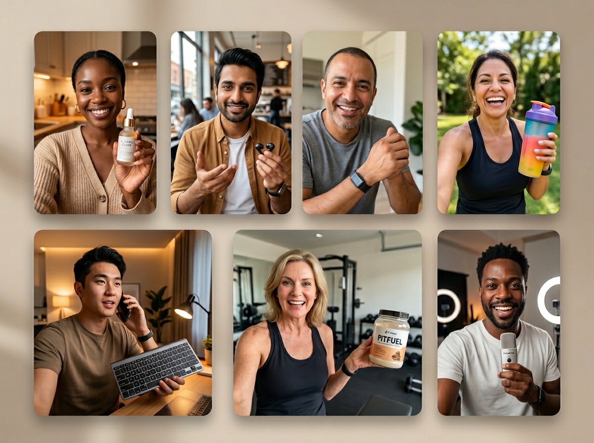 Quadrícula de creadors UGC d’IA diversos sostenint productes de consum en cuines, cafeteries, oficines a casa i gimnasos