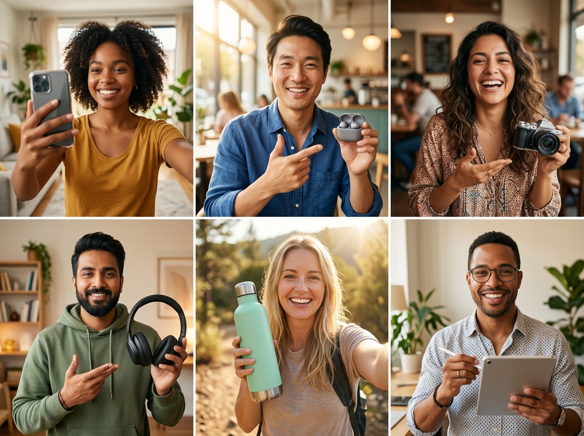 Quadrícula de creadors UGC amb IA diversos filmats a cuines, cafeteries, oficines a casa i salons