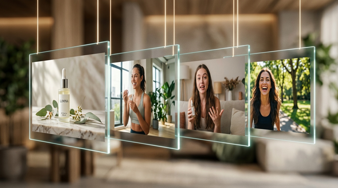 Quadrícula de miniatures de variants d'anuncis mostrant el mateix resum renderitzat amb hams i actors IA diferents