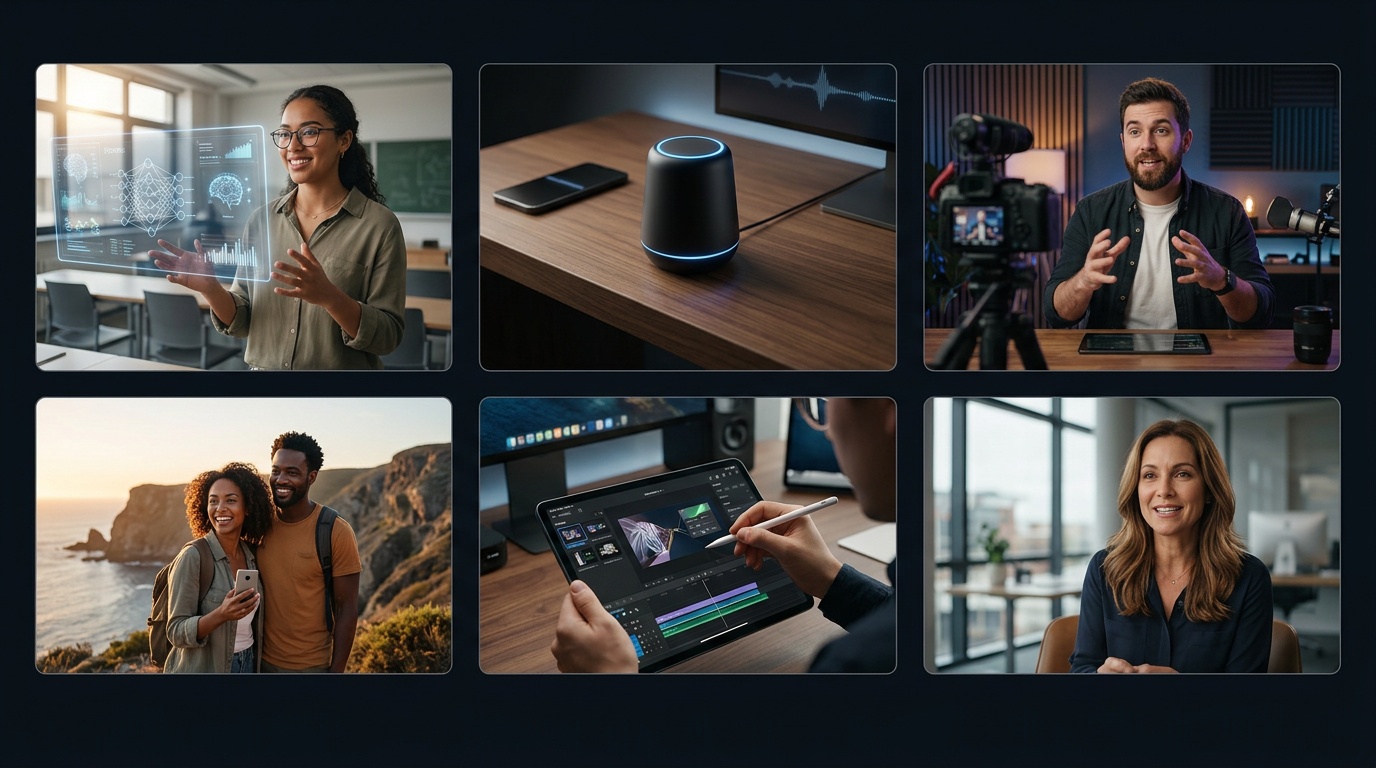 Graella de variants d'actors d'IA diversos per a un sol guió: diferents vestuaris, escenaris i idiomes