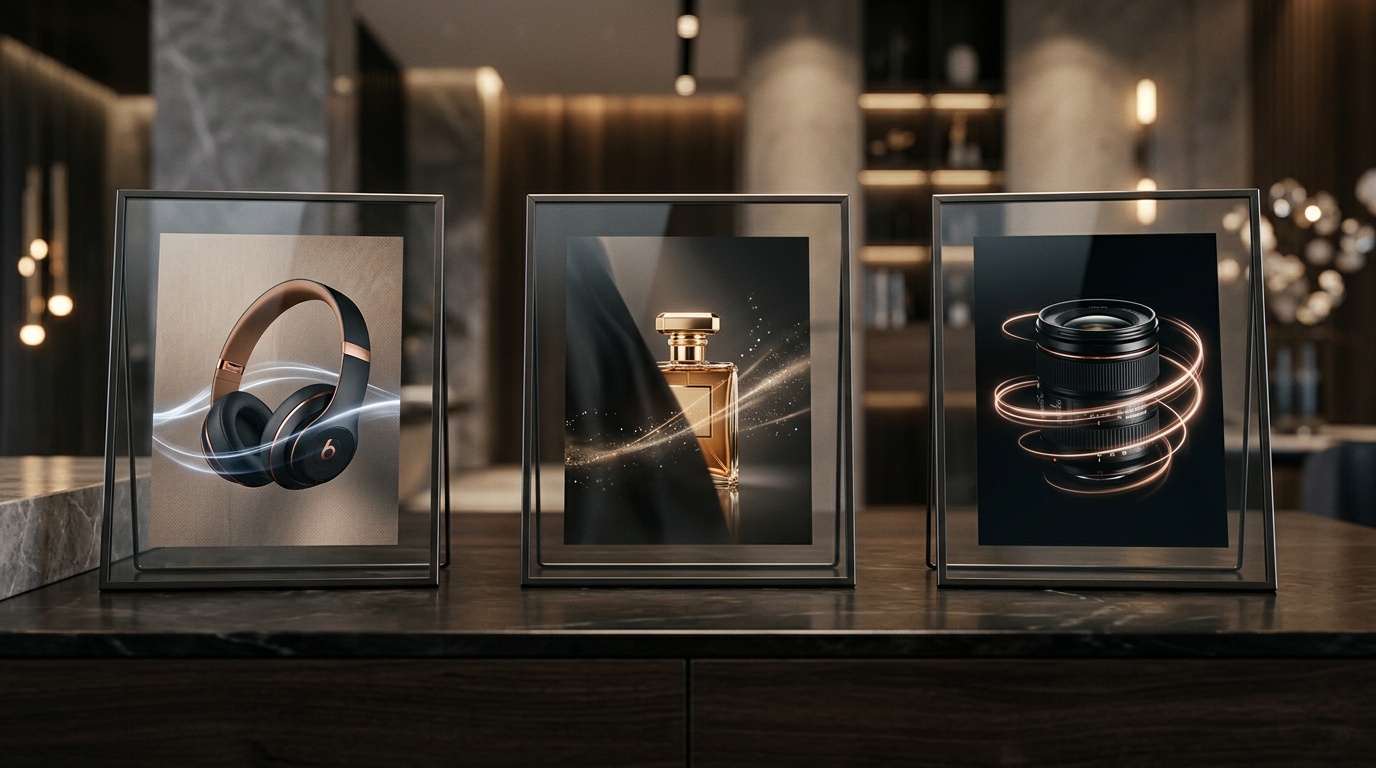 Quadrícula d'estils de moviment de càmera aplicats a la mateixa imatge de producte — push-in, òrbita, paral·laxi, Ken Burns