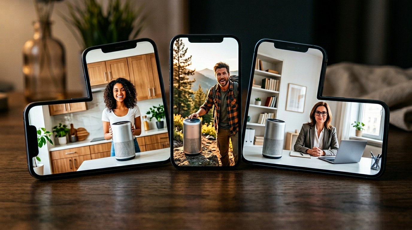 Tres smartphones desplegats, cadascun mostrant el mateix anunci UGC renderitzat per TikTok, Meta Reels i YouTube Shorts