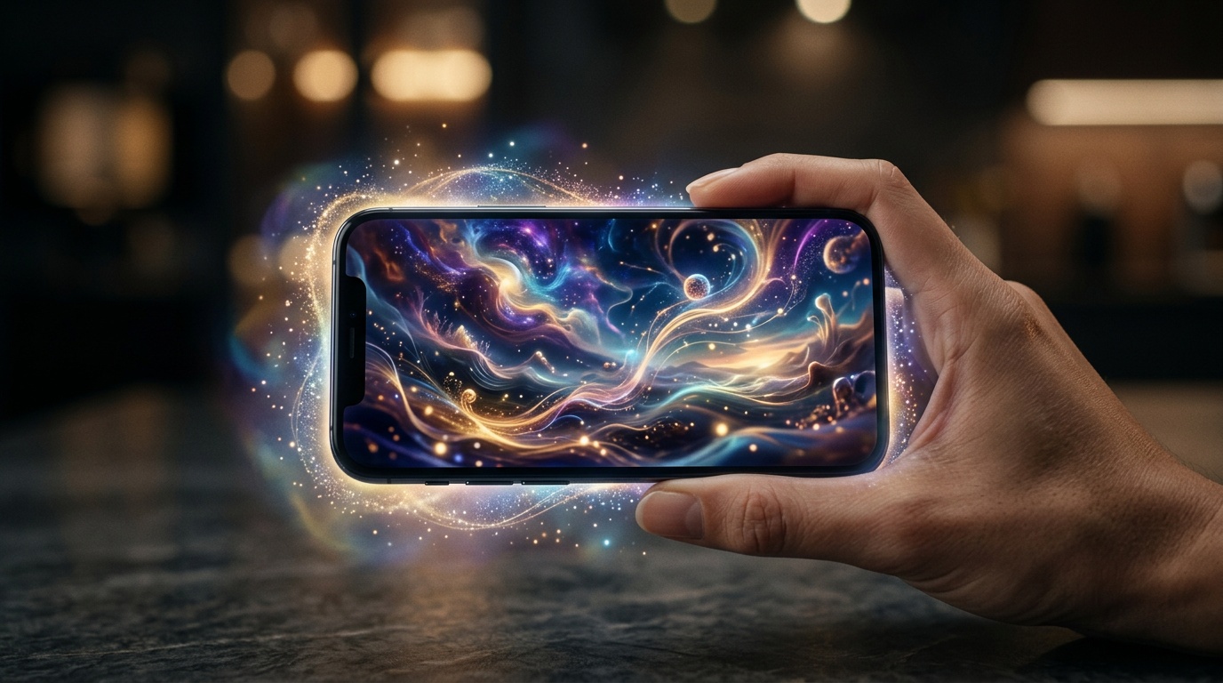 Pla proper d'un smartphone mostrant un vídeo generat per IA en 9:16 amb subtítols incorporats i una targeta CTA