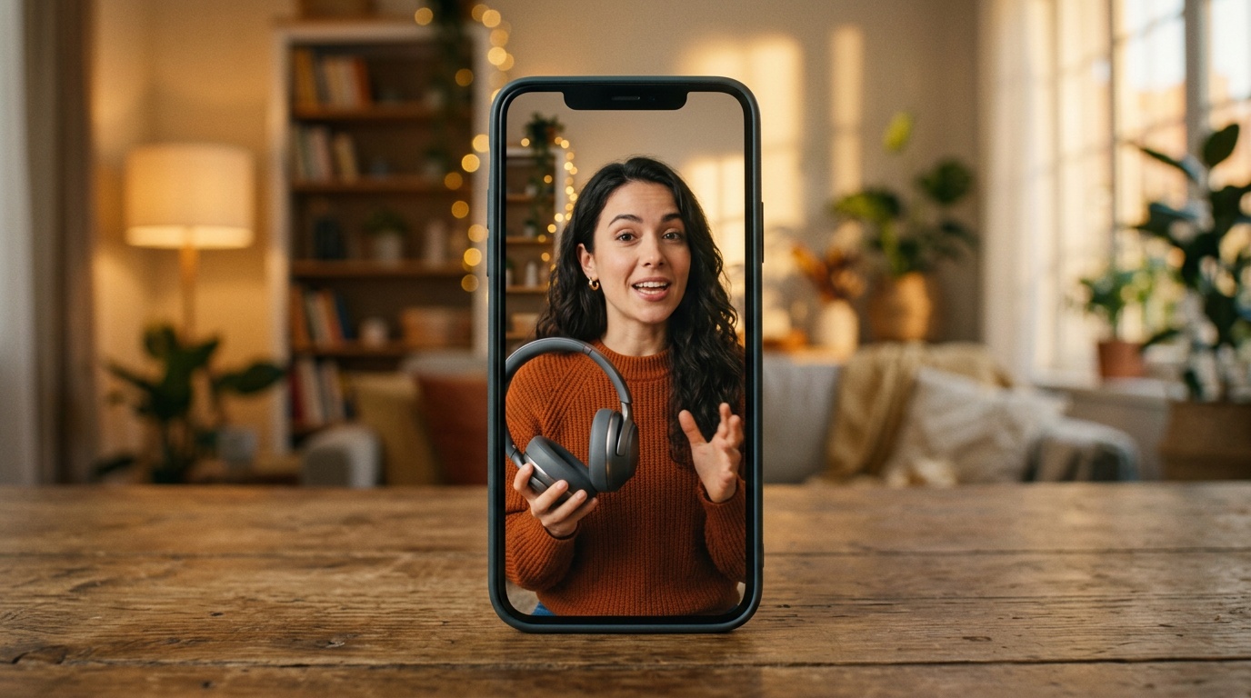 Pla proper d'un smartphone en orientació vertical mostrant un creador UGC amb IA fotorrealista a mitja entrega