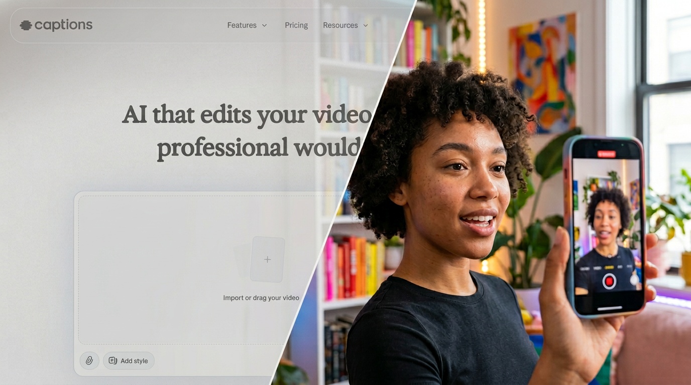 Interfície d’edició de clips de Captions a l’esquerra, contrastada amb un creatiu d’anunci complet generat amb IA a partir d’un prompt a la dreta