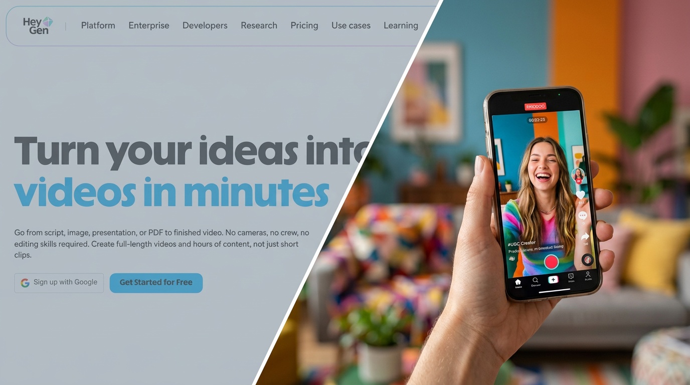 Interfície de formació corporativa de HeyGen a l'esquerra, contrastada amb la creació d'anuncis d'estil UGC energètica a la dreta