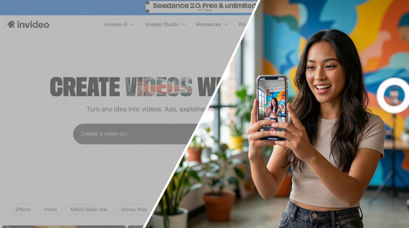 Interfície d'editor de vídeo general d'InVideo a l'esquerra, contrastada amb creació UGC nativa d'anuncis a la dreta