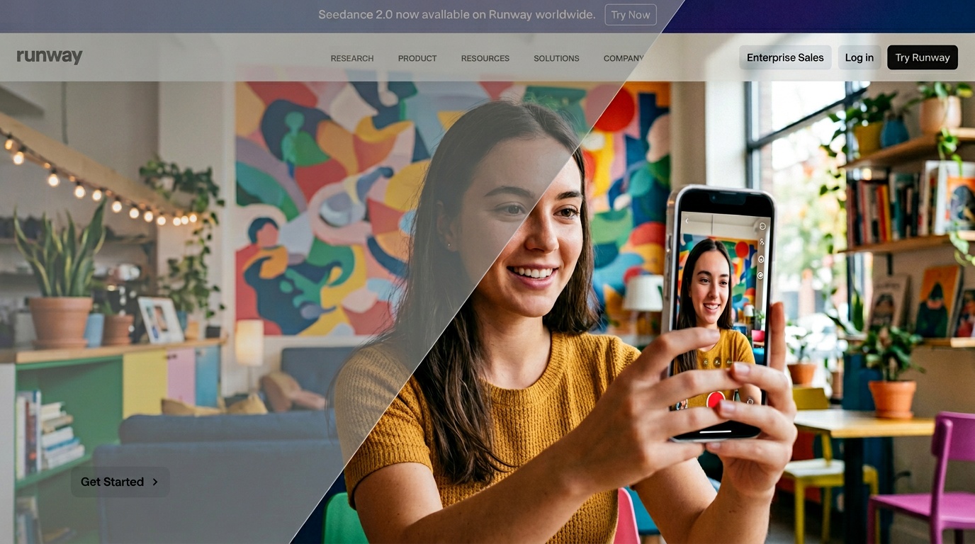 Editor centrat en VFX de Runway a l’esquerra, contrastat amb creació d’anuncis d’estil UGC energètics a la dreta