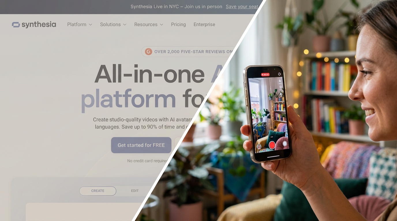 Interfície de formació corporativa de Synthesia a l'esquerra, contrastada amb creació d'anuncis en estil UGC energètics a la dreta
