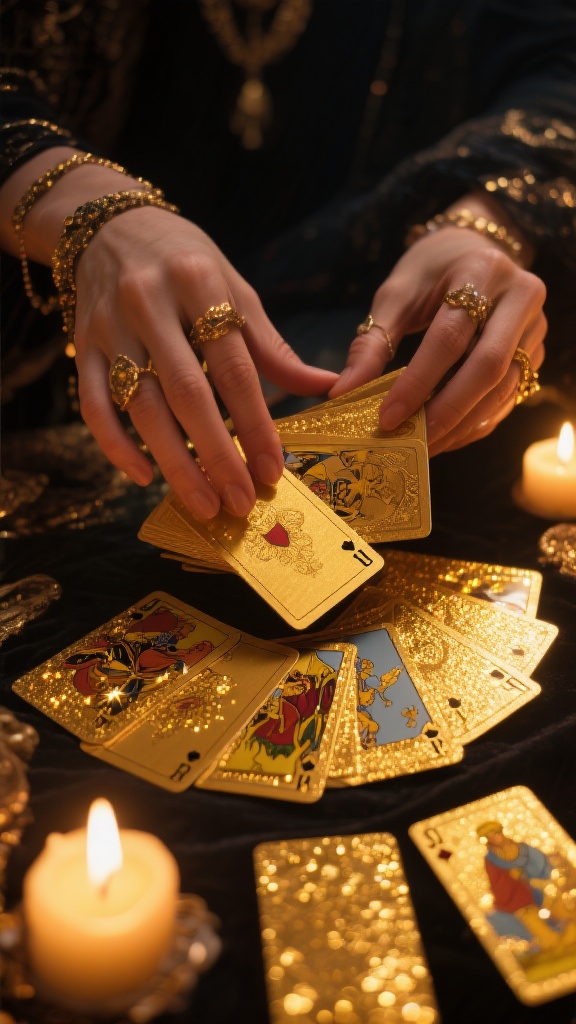 Le mani esperte della cartomante che mescolano elegantemente un mazzo di tarocchi dorati, con le carte che sembrano brillare alla luce delle candele