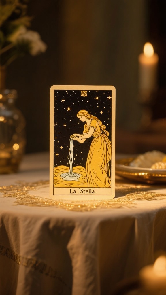 La carta de La Stella del tarocco posizionata al centro del tavolo, illuminata da una luce dorata, mostrando una figura femminile che versa acqua sotto un cielo stellato