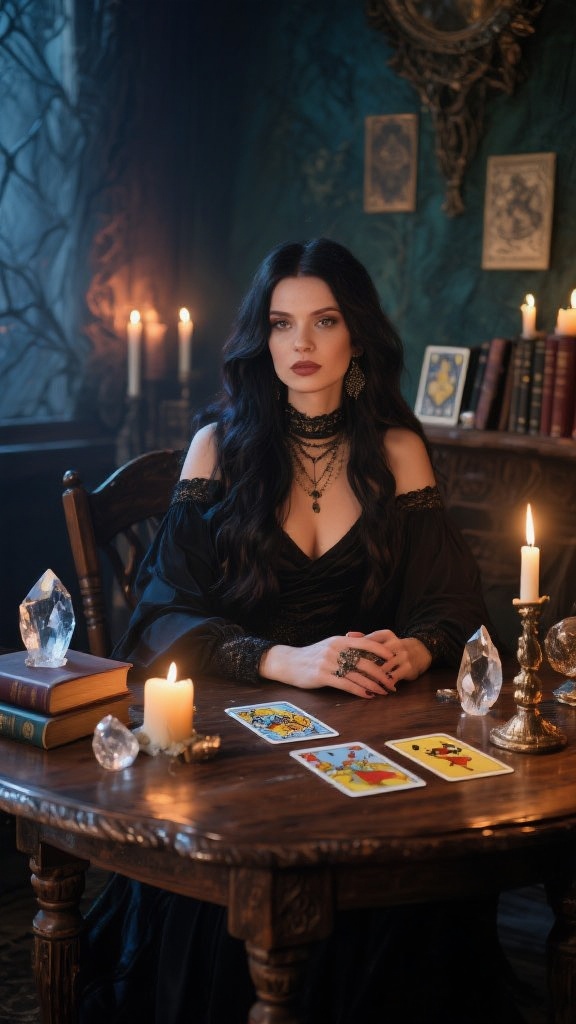 Una donna elegante con lunghi capelli scuri seduta a un tavolo di legno antico in una stanza mistica illuminata da candele, con cristalli e libri di tarocchi sullo sfondo