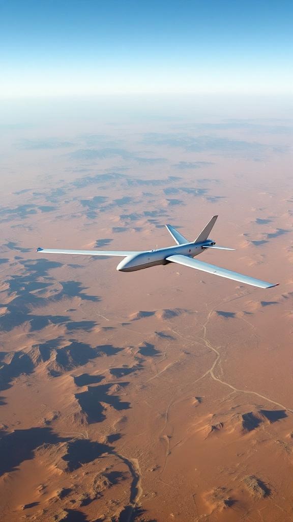 Iranian Shahed-136 drone in flight over desert landscape, sleek delta-wing design visible against blue sky
