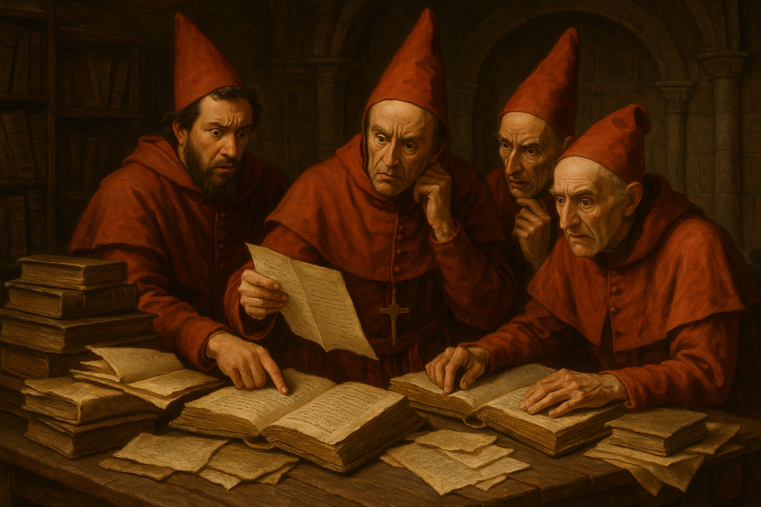 Inquisidores españoles examinando manuscritos con expresiones confundidas, rodeados de libros y documentos en una sala de tribunal medieval