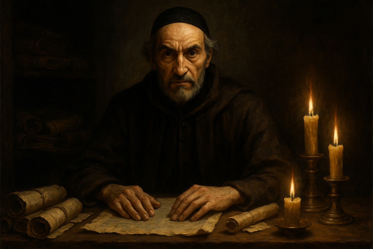 Retrato dramático de Fernando de Rojas en su estudio, con pergaminos antiguos y velas encendidas, mirando directamente al espectador con expresión misteriosa y sabia
