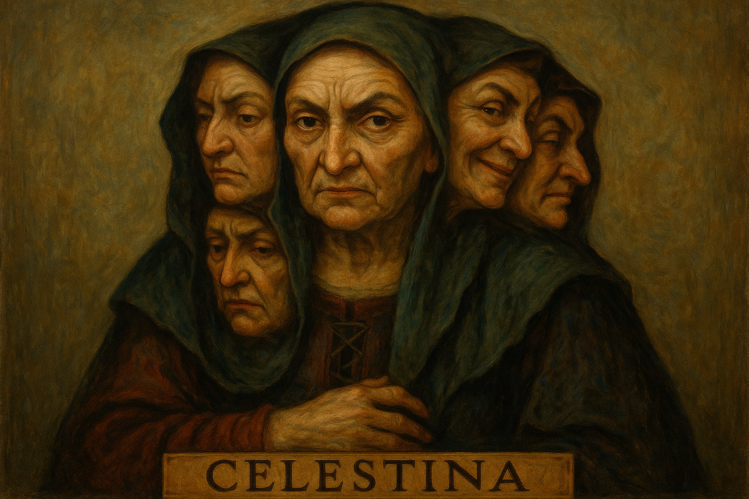 Celestina representada como una figura multifacética con múltiples rostros superpuestos, cada uno mostrando diferentes aspectos de su personalidad compleja