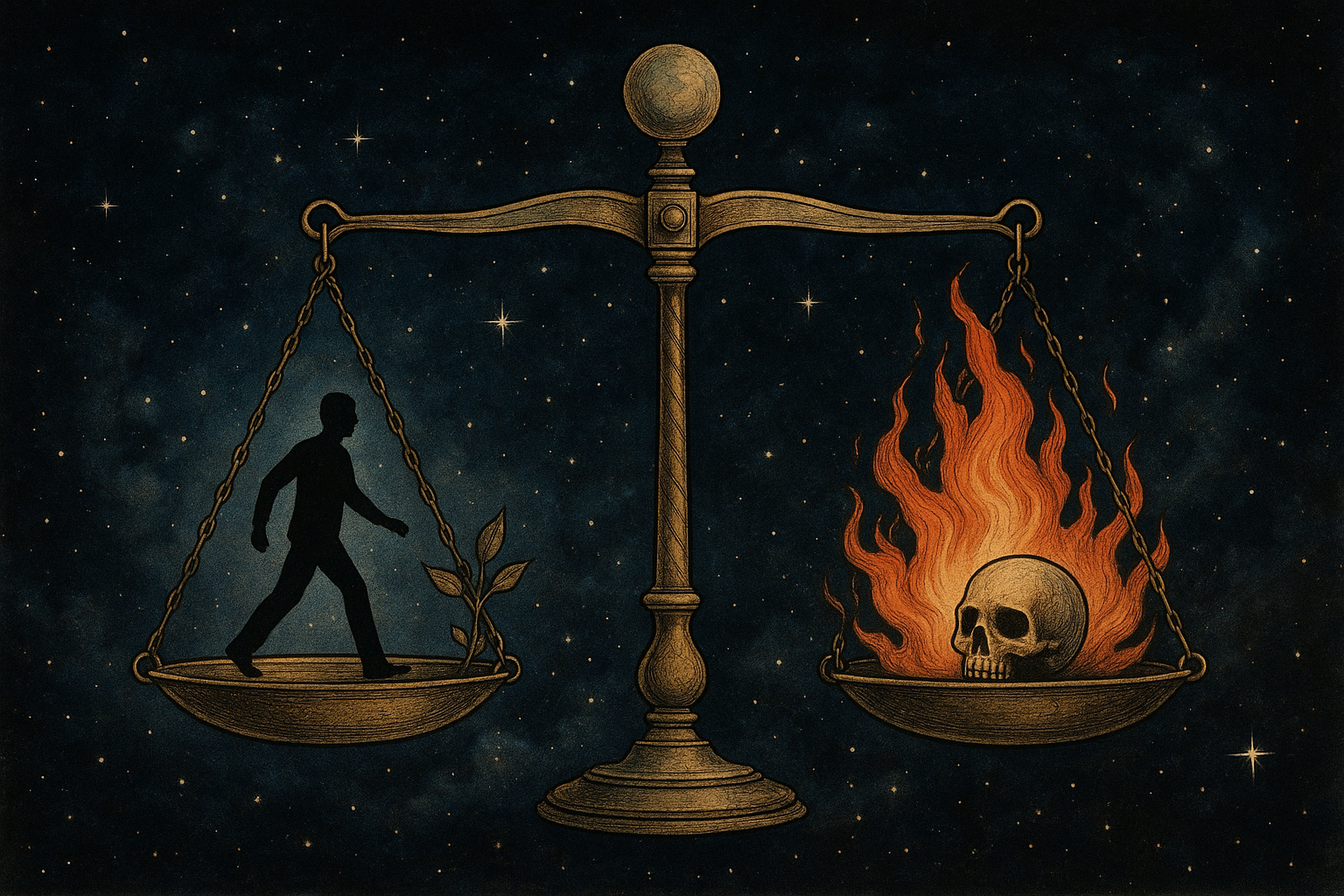 Representación visual de una balanza cósmica donde las acciones humanas determinan las consecuencias, sin figuras divinas presentes