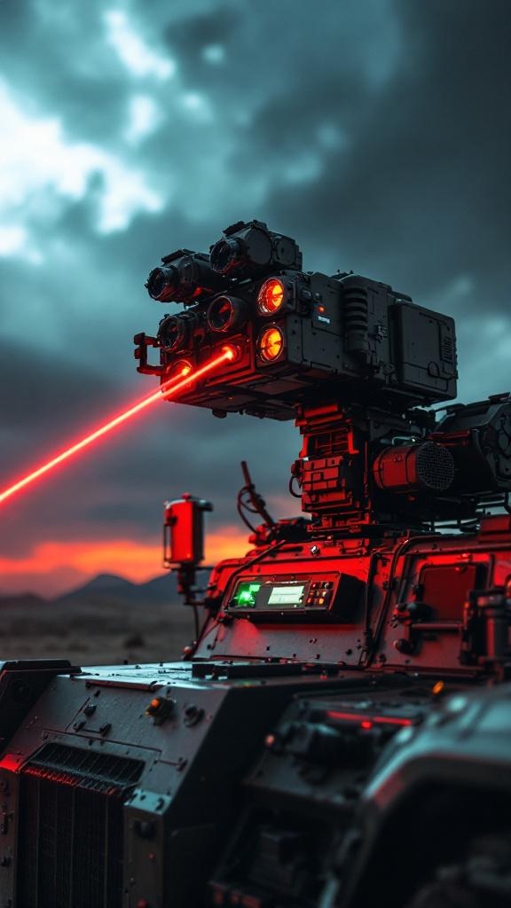 Iron Beam laser system mounted on military vehicle with visible beam targeting aerial drone