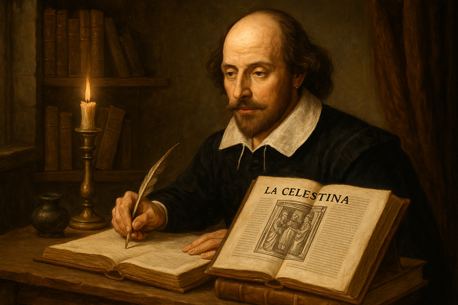 William Shakespeare escribiendo en su estudio con ejemplares de La Celestina abiertos sobre su escritorio, inspirándose claramente en la obra española