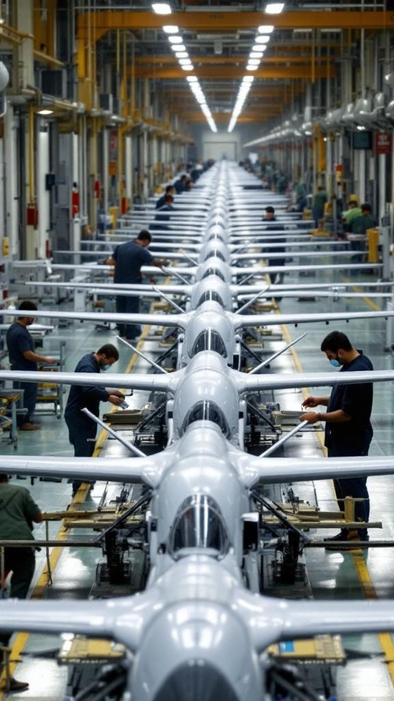 Iranian military facility showing rows of assembled drones on production line with technicians working