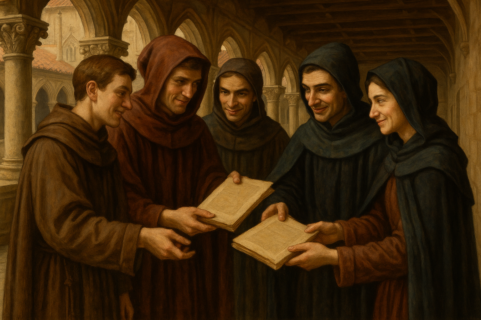 Estudiantes universitarios medievales intercambiando secretamente manuscritos en los claustros de la Universidad de Salamanca, con expresiones de complicidad