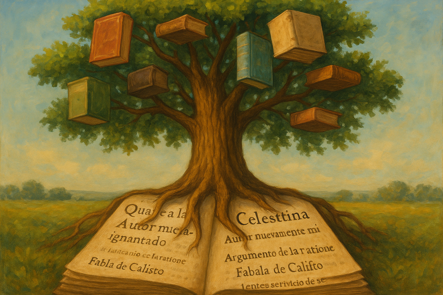 Árbol gigantesco cuyas raíces son páginas de La Celestina y cuyas ramas sostienen libros de diferentes épocas y autores influenciados por la obra