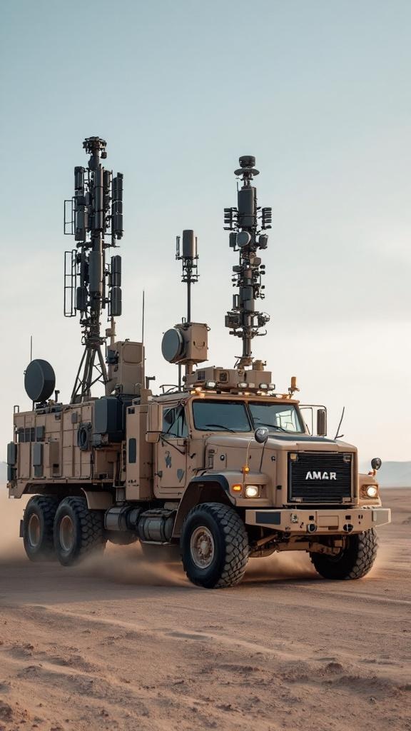 Electronic warfare truck with large antenna arrays jamming drone communications in desert setting