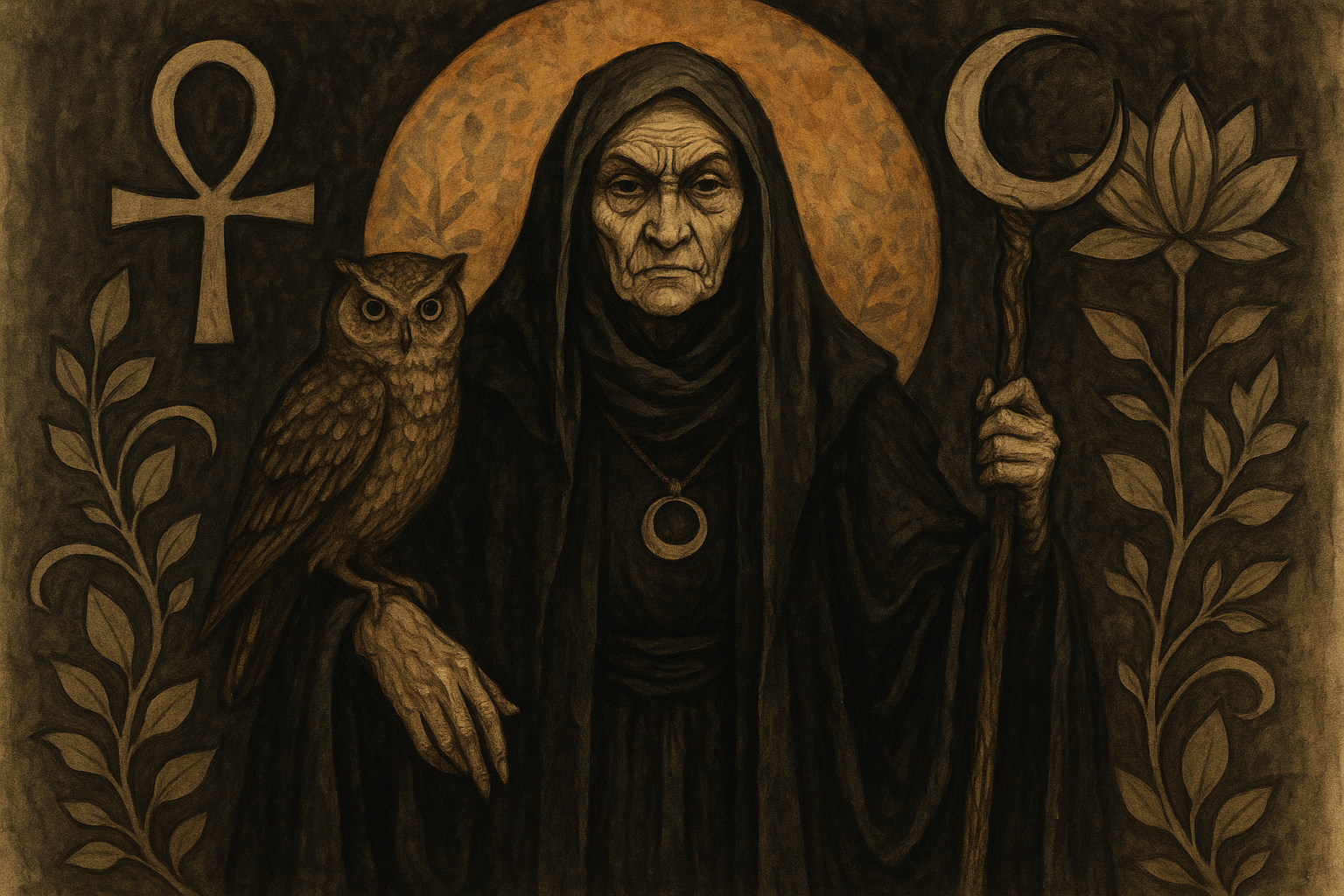 Ilustración artística de Celestina como figura poderosa y dominante, vestida con ropajes oscuros, rodeada de símbolos de poder femenino y sabiduría ancestral