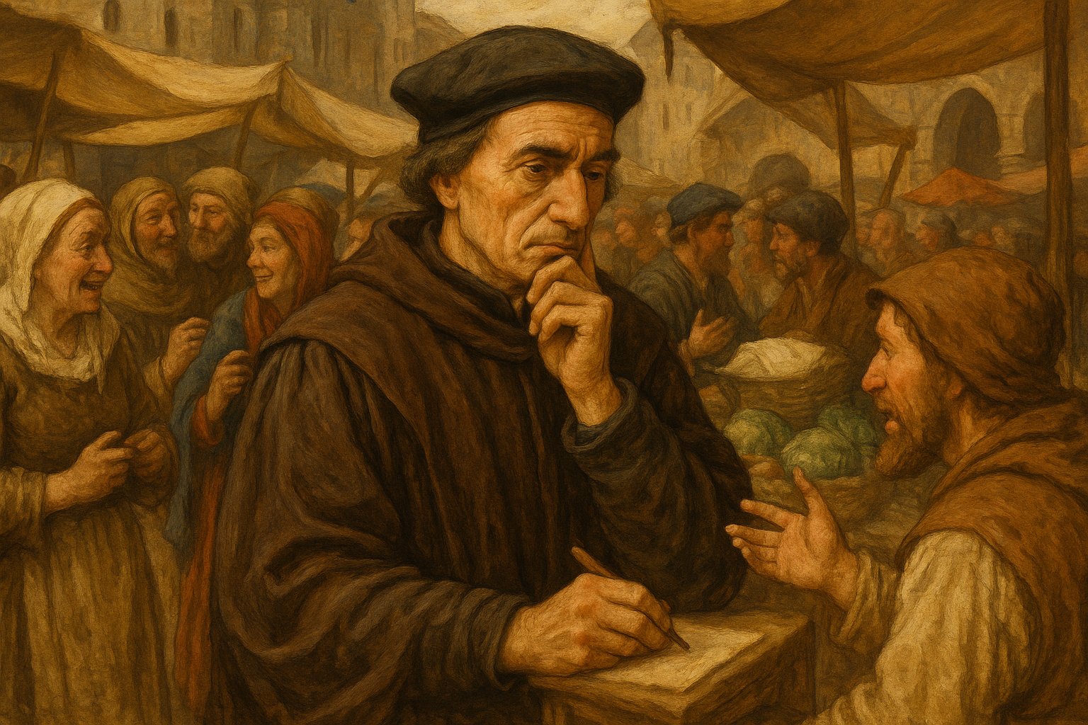 Fernando de Rojas escuchando conversaciones en un mercado medieval bullicioso, tomando notas mentales de los diálogos populares que escucha