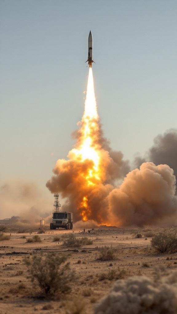 Israeli Iron Dome battery firing interceptor missile at incoming drone threat with smoke trail visible