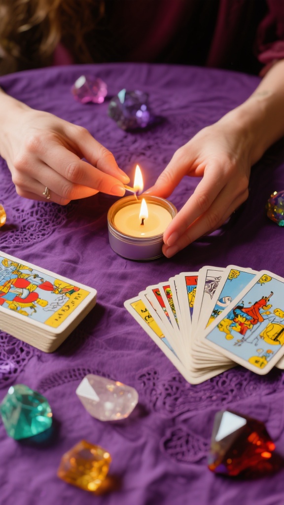 Primo piano delle mani della donna che accende candele profumate su un tavolo coperto da un panno viola, con un mazzo di tarocchi vintage e cristalli colorati intorno