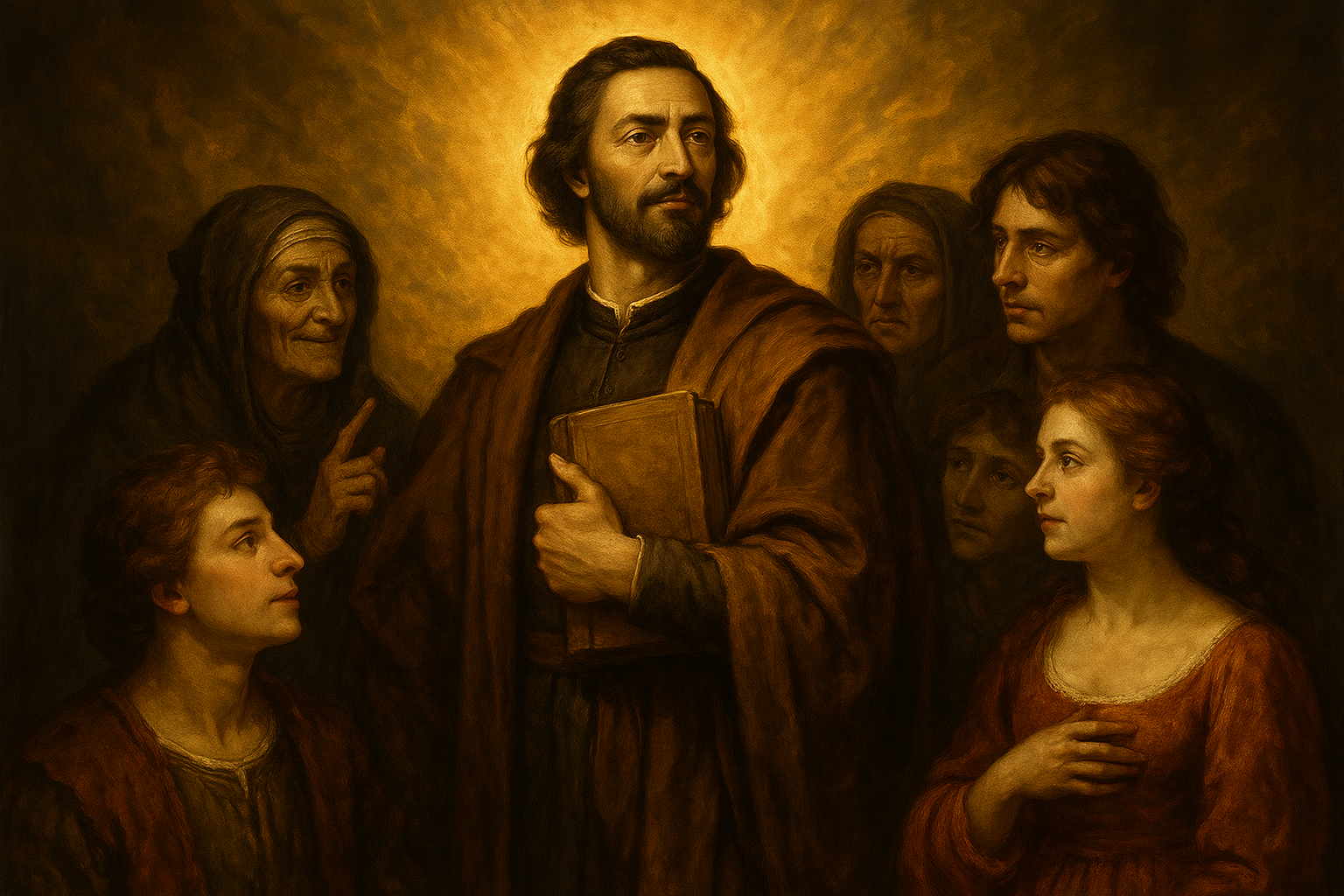 Fernando de Rojas como figura heroica rodeado de los personajes de La Celestina, todos iluminados por una luz dorada que simboliza su legado eterno