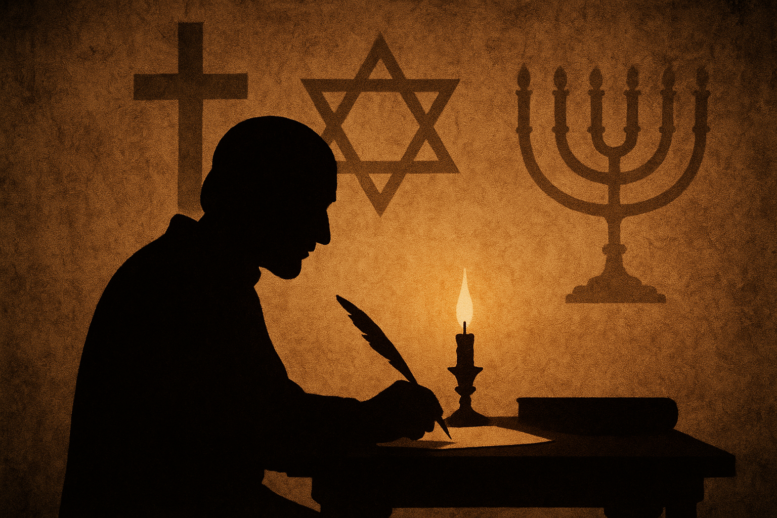 Silueta de Fernando de Rojas escribiendo a la luz de una vela, con sombras proyectadas en la pared mostrando símbolos religiosos cristianos y judíos entremezclados