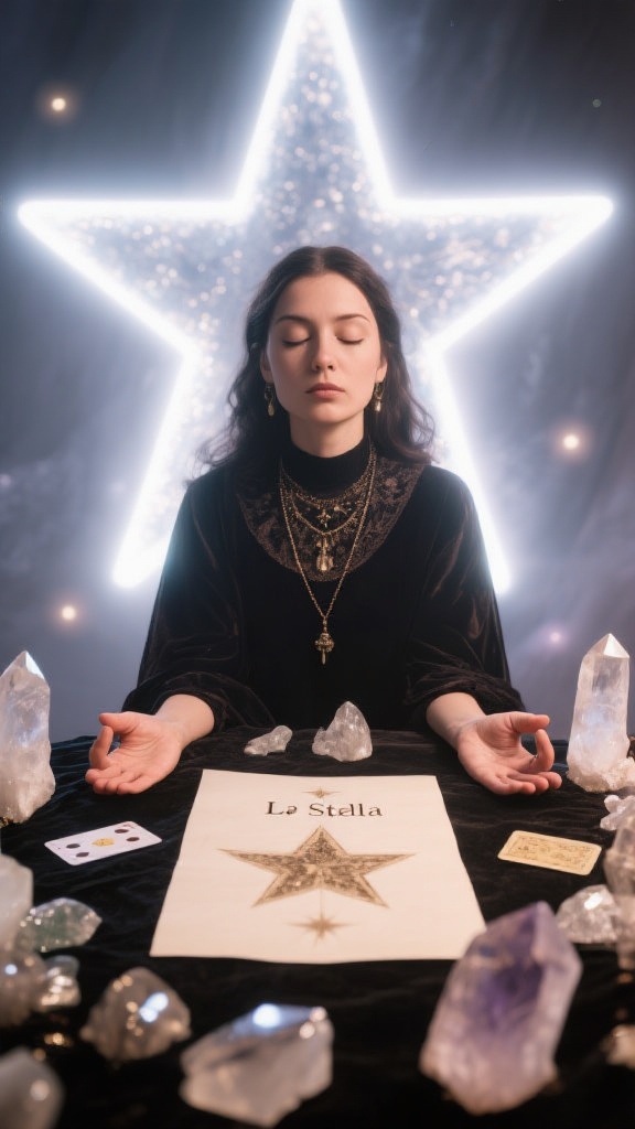 La cartomante che chiude gli occhi in meditazione con le mani poggiate sulla carta de La Stella, circondata da una luce soffusa e cristalli che emanano energia