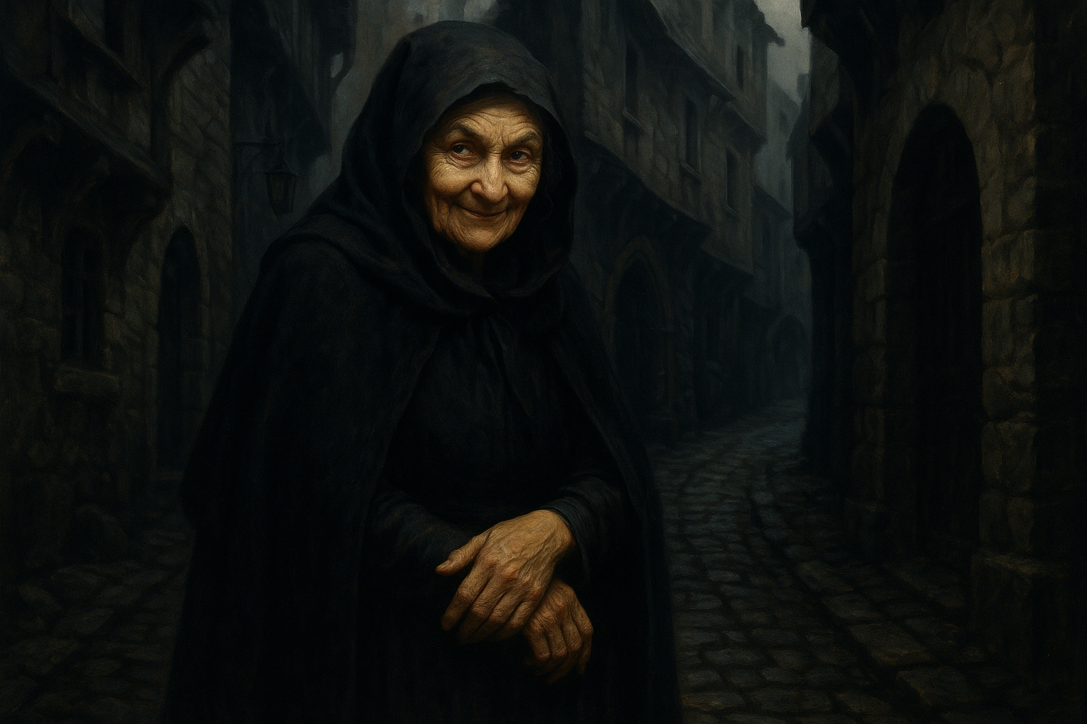 Recreación de una mujer mayor vestida de negro en una calle medieval empedrada, con expresión astuta y conocedora, rodeada de sombras y misterio