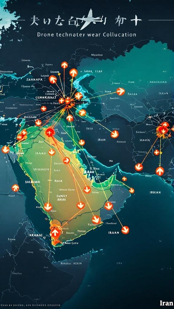World map showing arrows indicating Iranian drone technology exports to various conflict zones