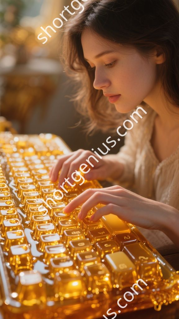 A young woman typing on a keyboard made entirely out of golden honey, her fingers delicately pressing the sticky honey keys that glisten and drip slightly, warm lighting highlighting the translucent amber texture of the honey keyboard, realistic detailed photography style, cinematic composition, beautiful soft lighting